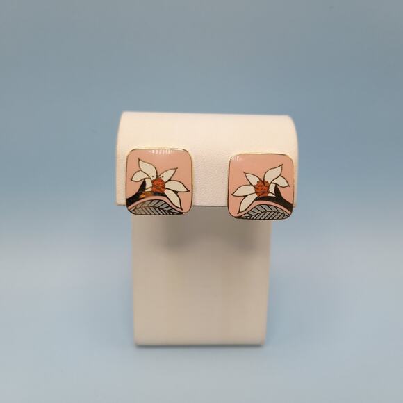 Vintage Laurel Burch Pink Enamel Wild Lily Clip Earrings - Picture 5 of 11